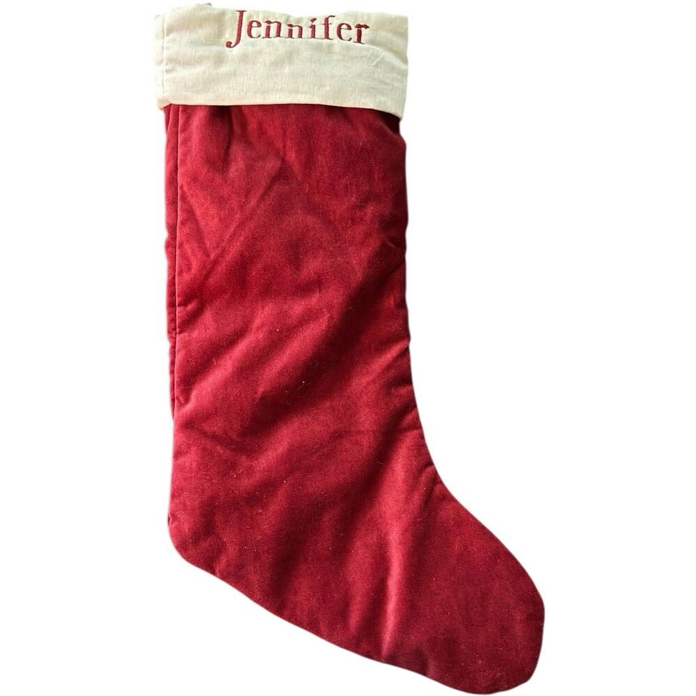 Pottery Barn Classic Jennifer Monogram Red Ivory Velvet Christmas Stocking